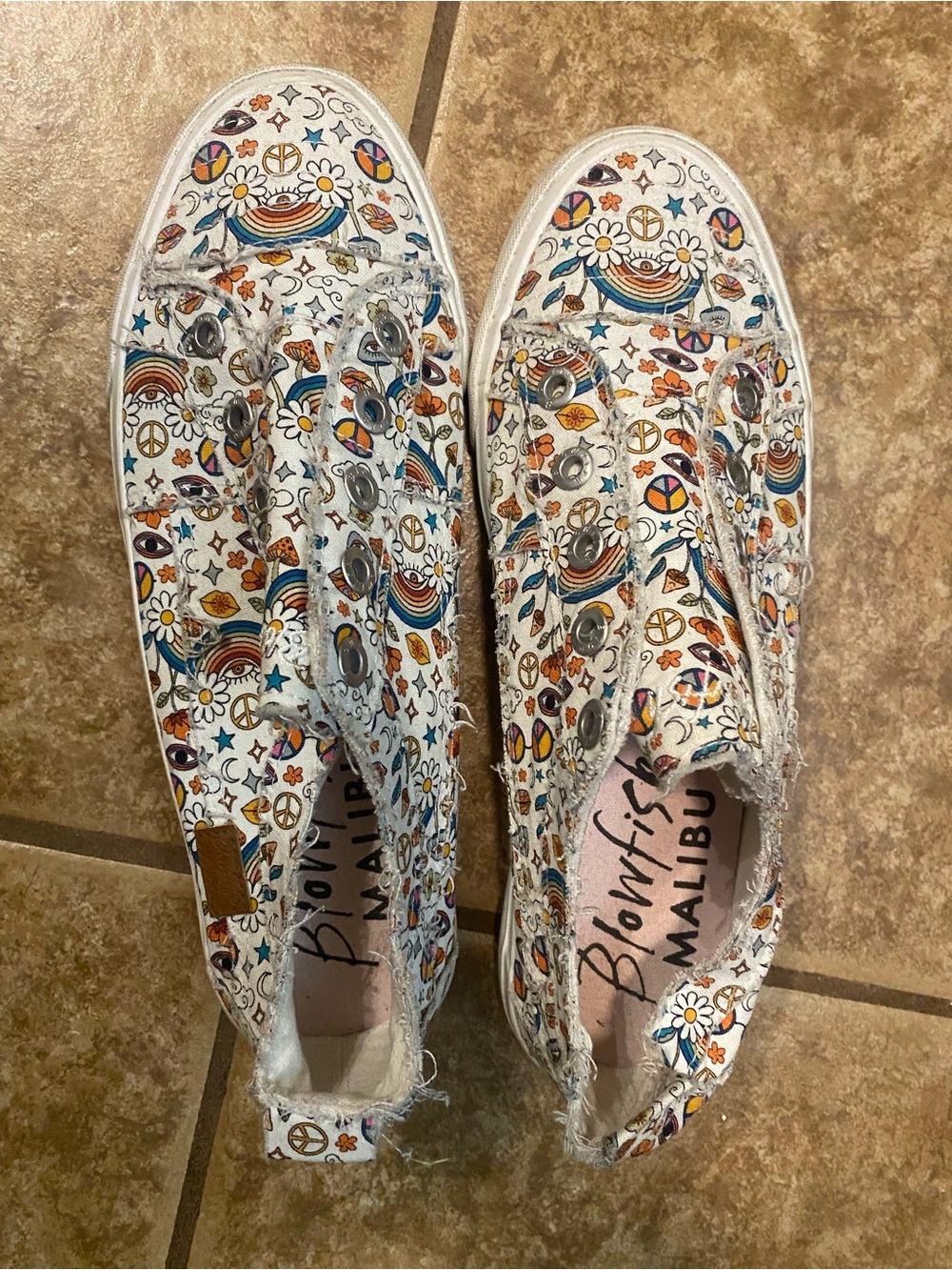Blowfish White Canvas Slip-On Sneakers with Multicolor Floral & Rainbow Print